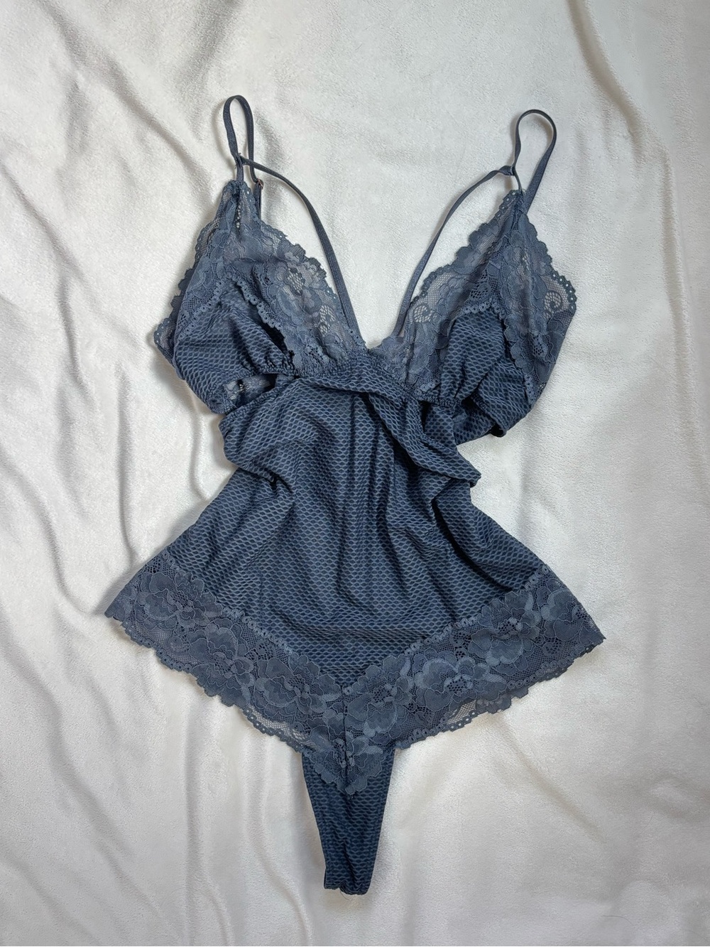Slate Blue Lace-Trim Mesh Teddy